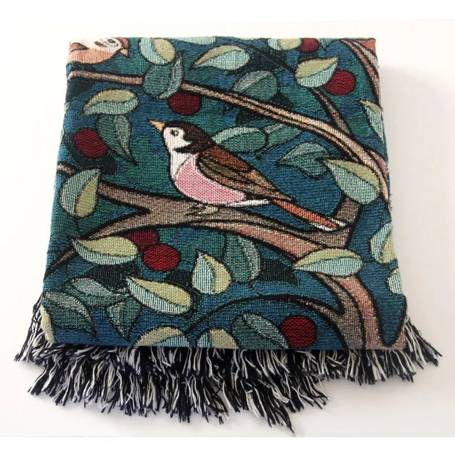 Arts and Crafts Style "Tree of Birds" in Teal Jacquard Woven Throw Blanket For Sale - Image 11 of 11