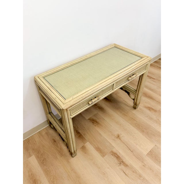 Vintage Ficks Reed Style Faux Bamboo Petite Desk With Drawers Wicker Coastal MCM For Sale - Image 9 of 13
