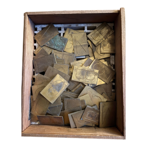 83 Vintage Solid Brass New Hermes Letterpress Blocks in Original Printer’s Tray – Alphabet, Numbers, and Symbols