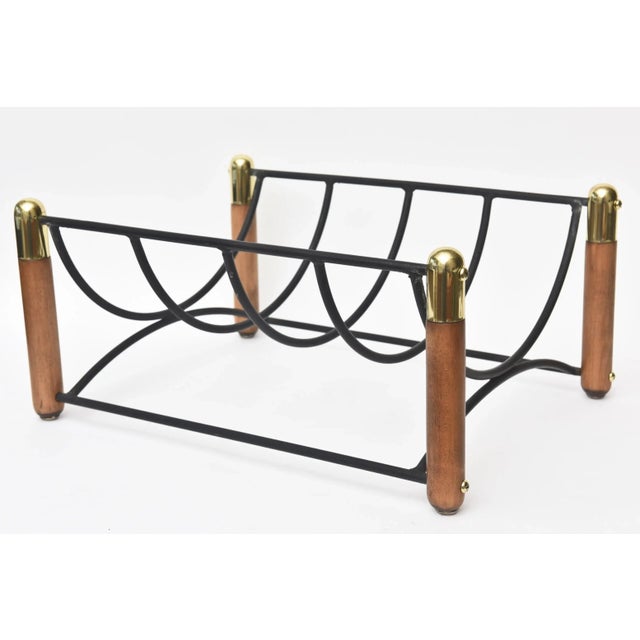 Mid-Century Modern Vintage Wood, Iron and Brass Magazine or Fireplace Log Rack Mid Century Modern For Sale - Image 3 of 10