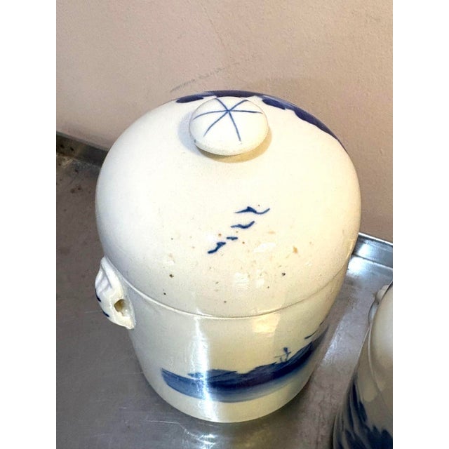 Blue/White Hand-Painted Asian Ceramic Canisters Set of Two For Sale - Image 6 of 7