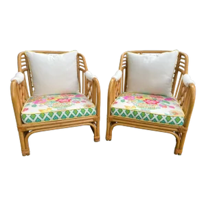 1960s Brighton Style Bamboo Rattan Coastal Club Chairs, a Pair With Cushions