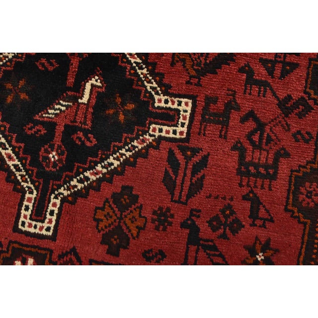 Shiraz Rug 3’11” X 5’2” Red Wool Vintage Tribal Hand-Knotted Oriental Carpet For Sale - Image 4 of 13