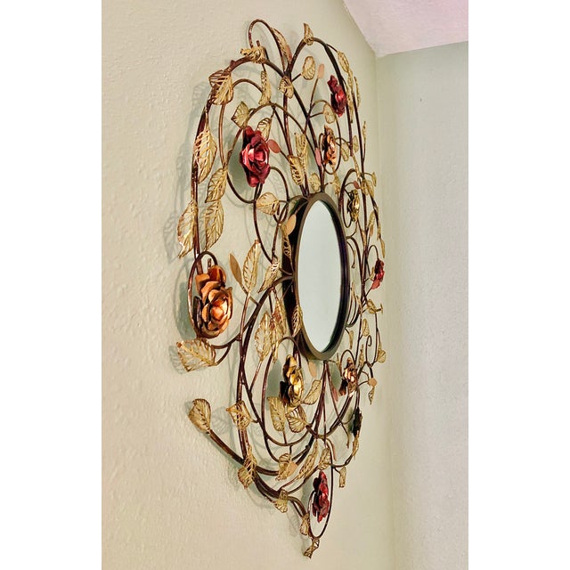 1950s Early Sculptural Italian Florentine Tole “Sundial” Floral Wall Mirror – Skeleton Leaves & Roses, Hollywood Regency, Circa 1958–1965 For Sale - Image 5 of 5