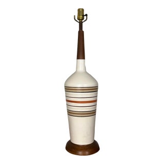 Mid Century Modern Atomic Table Lamp | Wood + Ceramic With Stripes For Sale