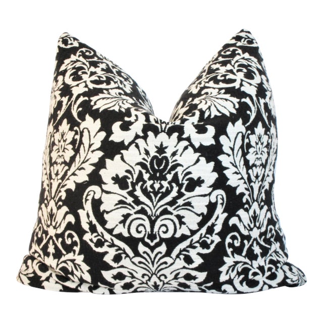 Italian "Armani" Black/White Damask Pillow 22" Square, Feather Down Insert For Sale