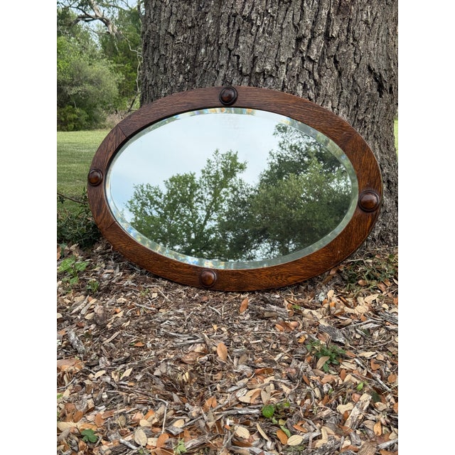 Early 20th Century Antique Early 20th Century Oak Framed Beveled Oval Wall Mirror For Sale - Image 5 of 8