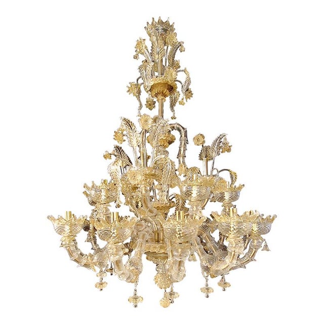 Impressive Murano glass chandelier, rich in gold leaf. High Italian craftsmanship. All in Murano glass. 12 +8+8 lights 28...