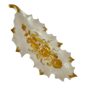 Vintage Couleuvre France Pate De Limoges Leaf Shaped Porcelain Dish, White With Delicate Gold Botanical Hand Painted Decorations