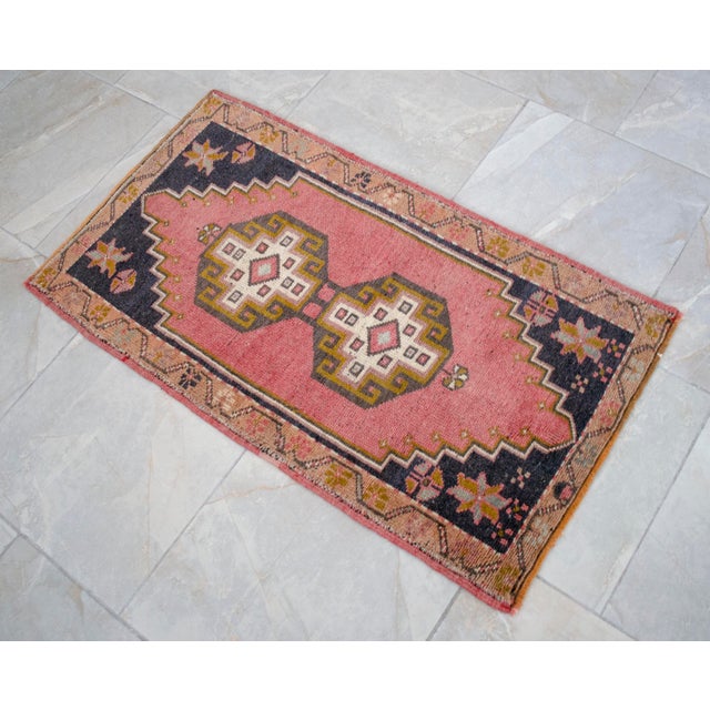 1970s Distressed Low Pile Turkish Yastik Petite Rug Hand Knotted Faded Mat - 23'' X 40'' For Sale - Image 5 of 7