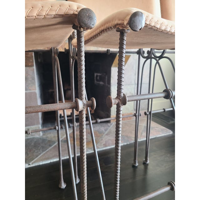 Ilana Goor Style 1970's Vintage Brutalist Iron Leather Stools Set of 3 For Sale - Image 14 of 15