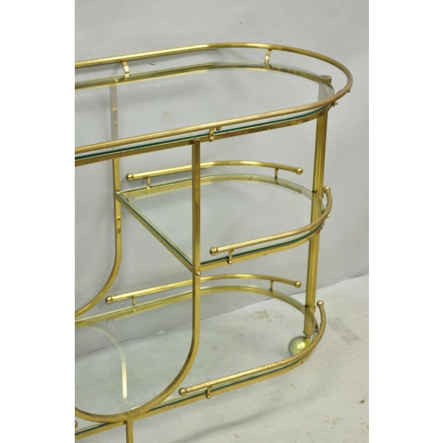Vintage Mid Century Modern Brass 3 Tier Oval Frame Rolling Bar Cart Server Table For Sale In Philadelphia - Image 6 of 15