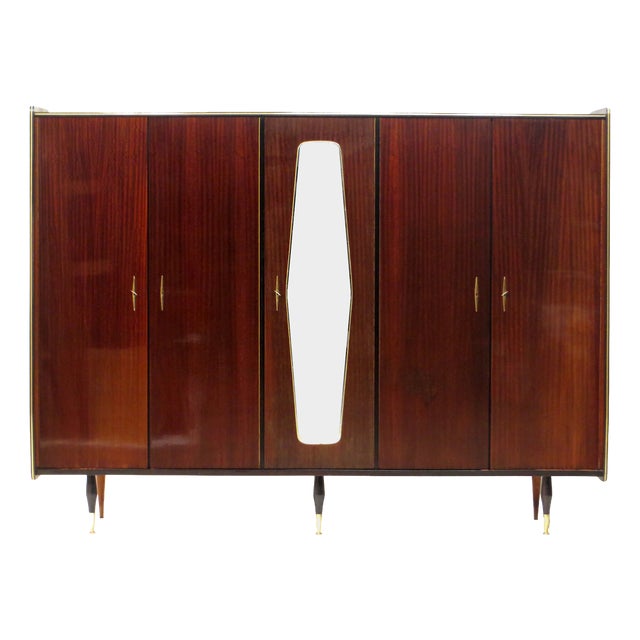 Large Mid-Century Modern Teak 5-Door Wardrobe with Mirror, 1960s For Sale