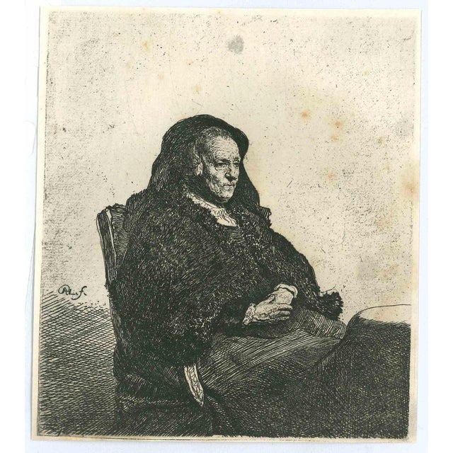 Rembrandt's Mother with Black Veil I is an etching on ivory-colored paper realized after an etching after Rembrandt's...