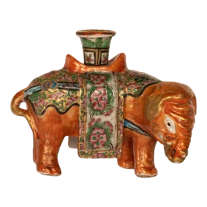 Antique Chinese Export Porcelain Canton Famille Rose Elephant Candlestick 1860