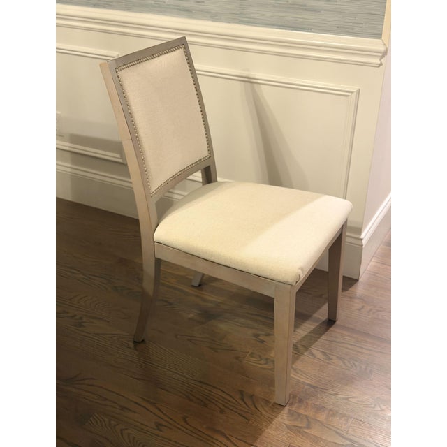 2010s Contemporary Pedestal Aged Stone Oak 54" Dining Table (With Extending Leaf) + 6 Chairs For Sale - Image 5 of 6