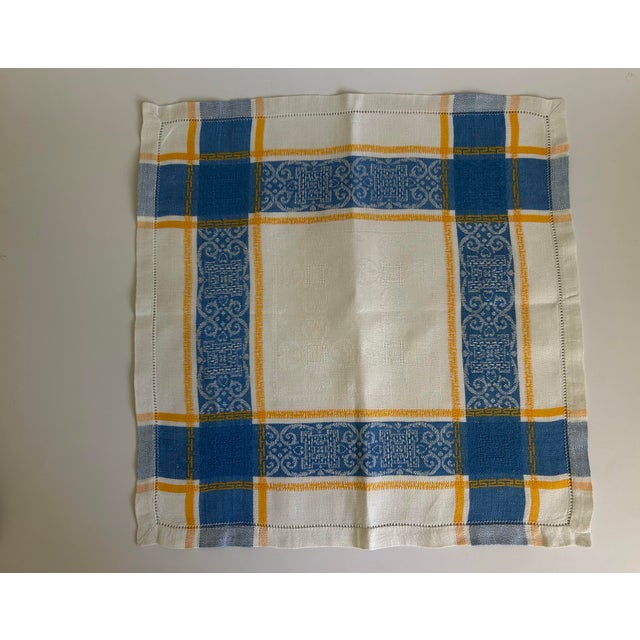 Vintage European Linen Napkins, Blue & Mustard Jacquard Plaid With Damask Border, Hemstitched - Set of 6 For Sale - Image 10 of 12