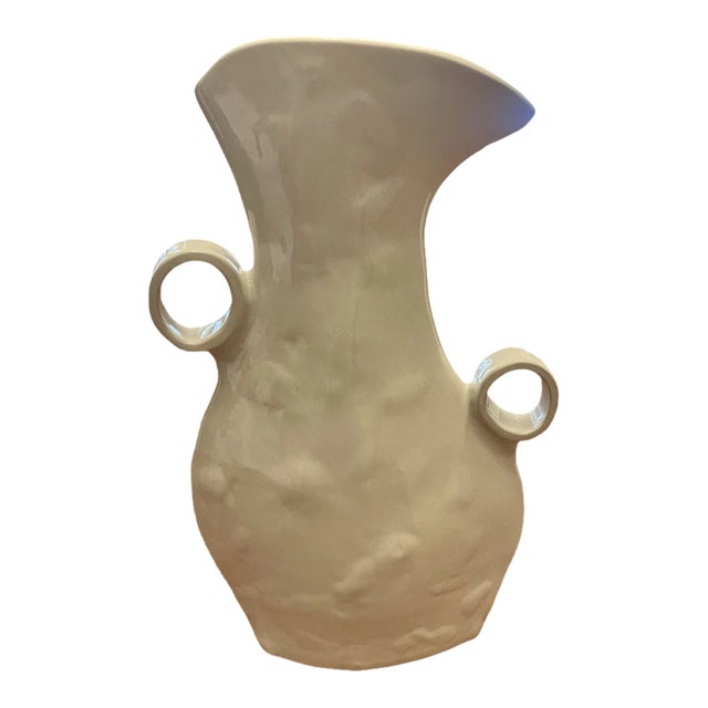 Montes Doggett White Ceramic Sculptural Pitcher Vase Double Ring Handles Handmade Peru For Sale