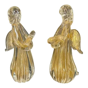 Pair Murano Venetian Clear & Gold Glass Angel Figurines