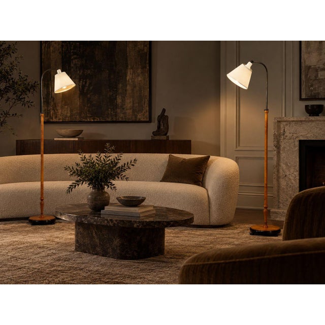 Swedish Mid-Century Modern, Floor Lamps, Burl, Ebonized Wood, Fabric, Sweden, 1940s Pair of burl veneered floor lamps...