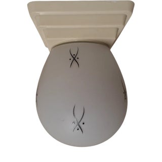 Mid-Century Modern Ceiling Lamp with Stepped Cream-White Bakelite Base and White Glass Shade with Hand-Painted Black Decor by Niko, 1950s For Sale