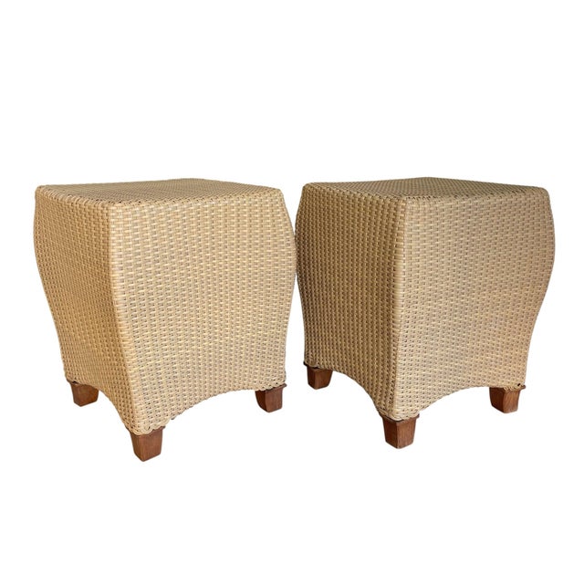 A matching pair of Woven Square Outdoor End Tables manufactured by Brown Jordan. Resin Weave 18” x 18” Height 20.5”