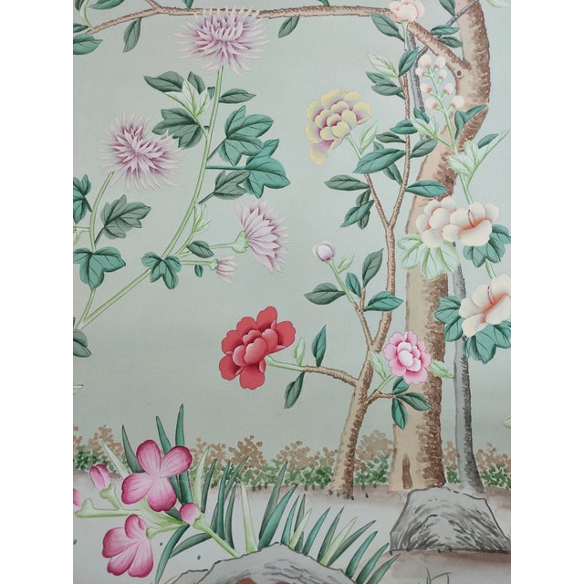 Chinoiserie Custom Hand-Painted Chinoiserie Mural | Mint Green Floral Bird Wallpaper | Luxury Handcrafted Wall Covering For Sale - Image 3 of 4
