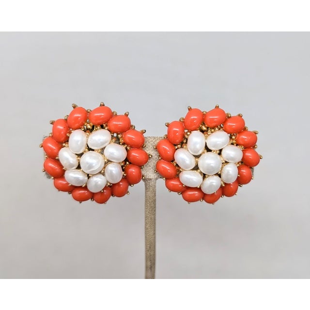 1950s Vintage 1958 Signed Crown Trifari Faux-Coral & Pearl Clip Earrings-2 Pieces For Sale - Image 5 of 8