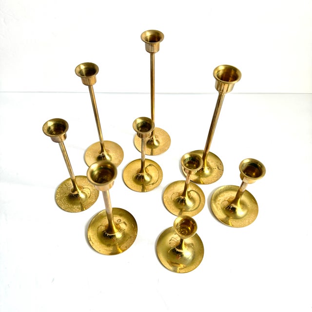 Vintage Brass Graduated Tulip Style Candlestick Holders Mid Century Taper Candle Holders Set Of 9 These make a great...
