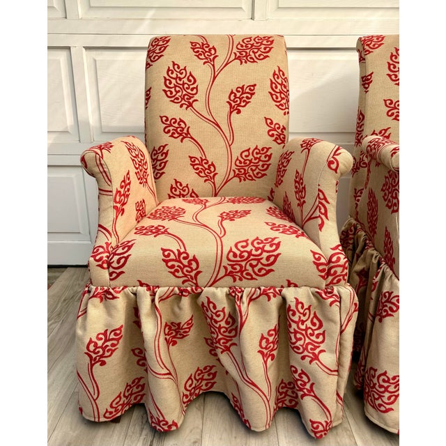 Rustic European Pair of Vintage Skirted Swan Arm Chairs With Red Embroidered Textile For Sale - Image 3 of 15