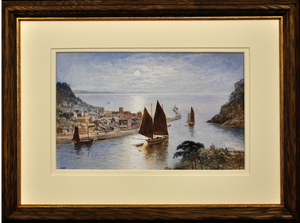 J. Wilson. Looe Town & Harbour, Cornwall, Watercolour, 1860, Framed
