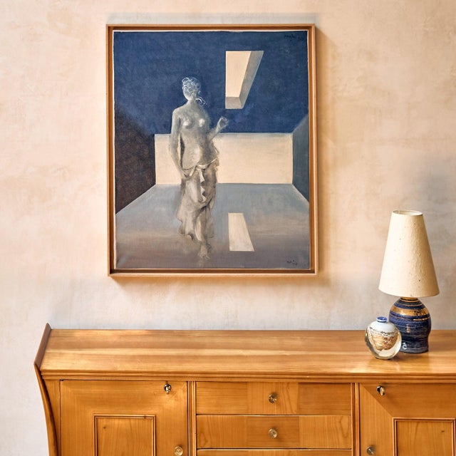 Structure and ambiguity meet in this 1963 acrylic on canvas, a work that moves between surrealist atmosphere and cubist...