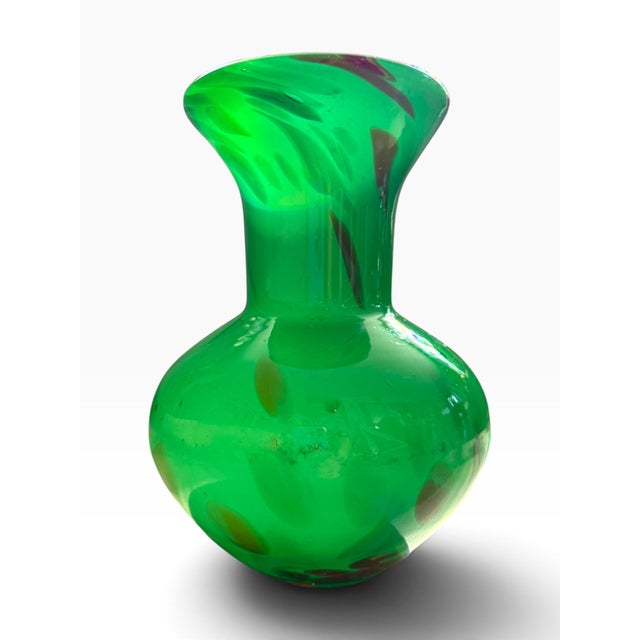Mid-Century Modern Vintage Green Art Glass Vase | Emerald Green With Amber Inclusions | Sculptural For Sale - Image 3 of 6