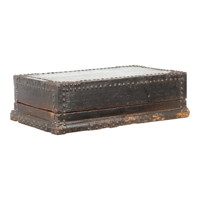 Indian 19th Century Black Box with Iron Nailheads, Braces and Rustic Patina For Sale