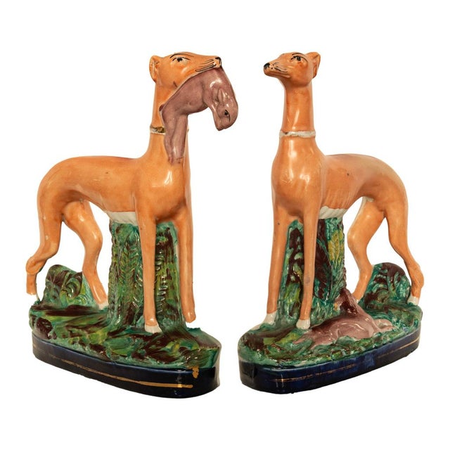 Victorian Antique 19thC Pair of Staffordshire Whippets Greyhounds Hunting Dog Figures 1860 For Sale - Image 3 of 17