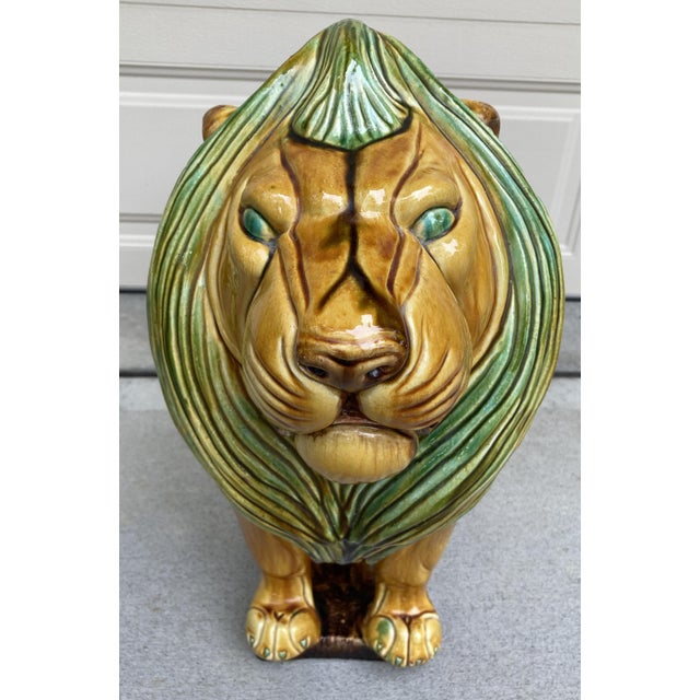 Vintage Majestic Italian Majolica Style Ceramic Lion Sculpture For Sale - Image 9 of 12
