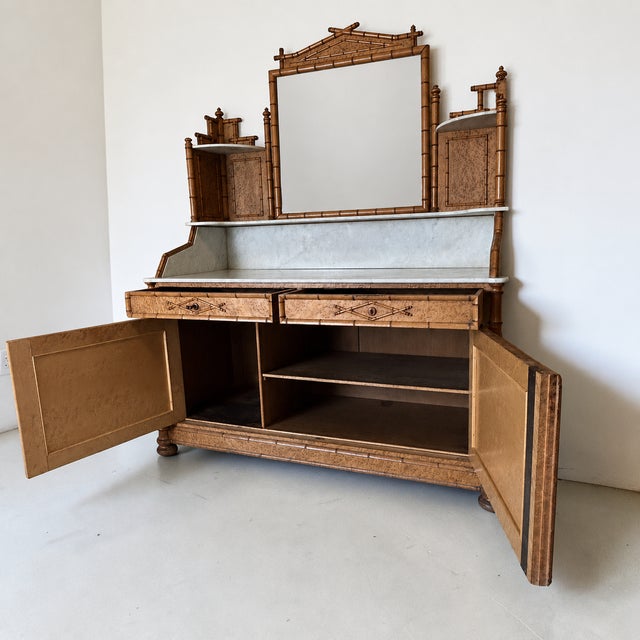 French Faux‑bamboo Birds‑Eye Maple and Marble Dressing Cabinet, 1890 For Sale - Image 4 of 13