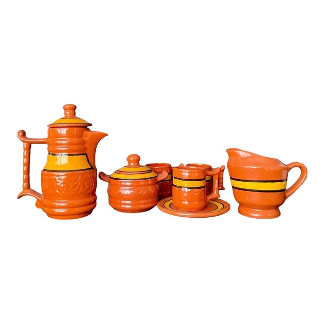 Vintage Spanish Pottery Tea Coffee Set, Signed Carla Rd, Terracotta Redware, 15-Piece For Sale
