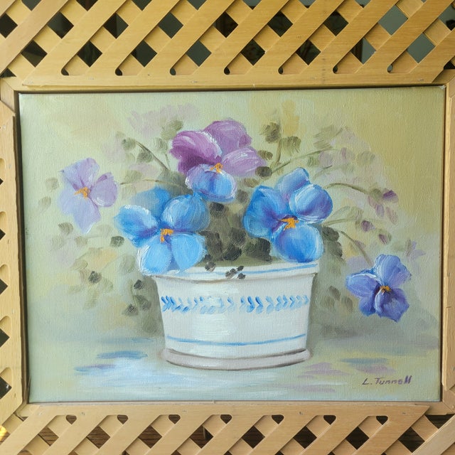 This vintage raw wood lattice framed floral oil painting by L. Tunnell is a one-of-a-kind cottagecore piece of art....