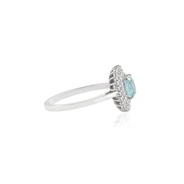 Metal Natural Cushion Cut Paraiba Tourmaline Double Halo CLuster Diamond Ring Size 4 For Sale - Image 7 of 18