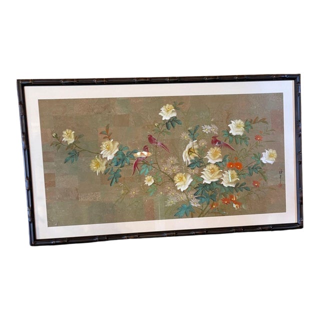Mid 20th Century Monumental Pair of Mid-Century Chinoiserie Bird & Floral Paintings on Cork - Framed For Sale
