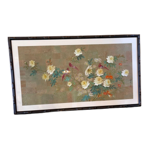 Mid 20th Century Monumental Pair of Mid-Century Chinoiserie Bird & Floral Paintings on Cork - Framed