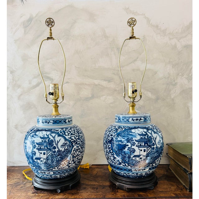 Chinoiserie Vintage Chinoiserie Blue and White Ginger Jar Pagoda Lamps - A Pair For Sale - Image 3 of 12