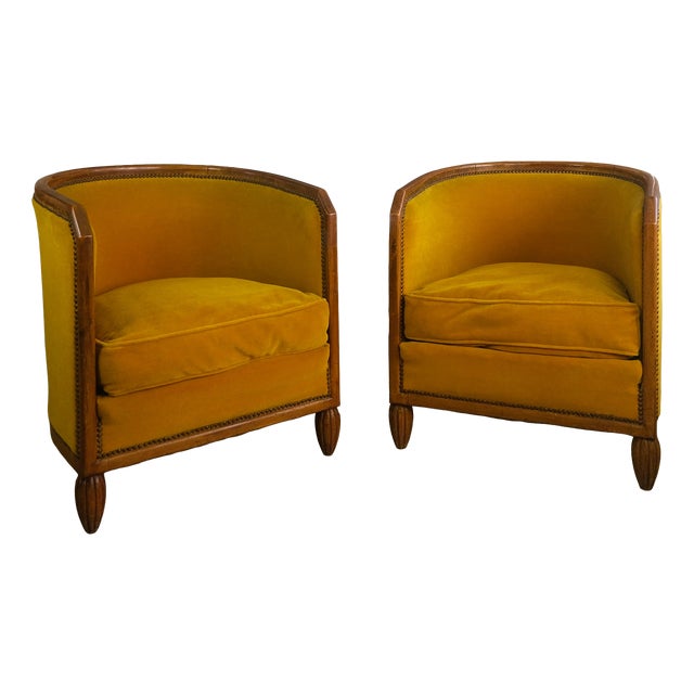 Art Deco Barrel Chairs in Velvet, 1930, Set of 2 For Sale