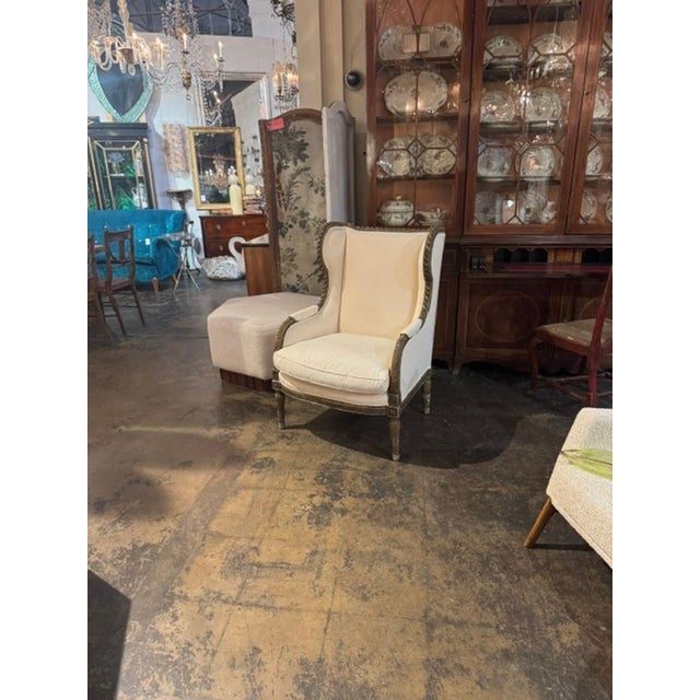 19th C. French Louis XVI Carved and Painted Bergere For Sale - Image 10 of 10