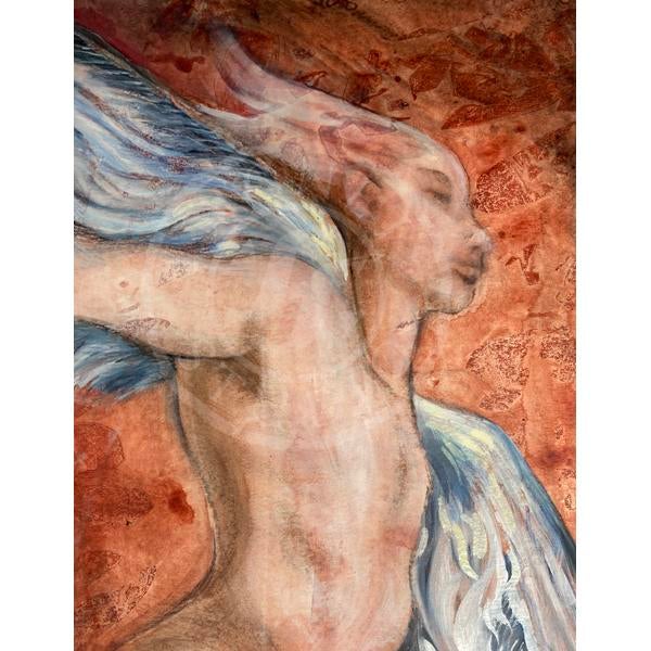 A mixed media painting of the mythical figure of Icarus. This piece has several layers of painting which give it a...