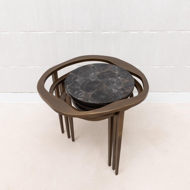 Set of 3 Nesting Tables in Black Quartz With Bronze Patina Brass by R&y Augousti For Sale - Image 9 of 11