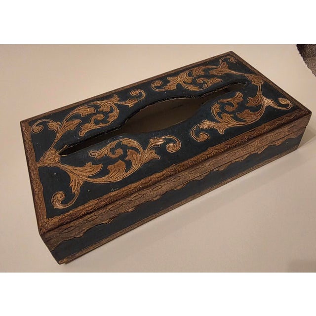 Italian Vintage Dark Blue and Gold Florentine Tissue Box For Sale - Image 3 of 11