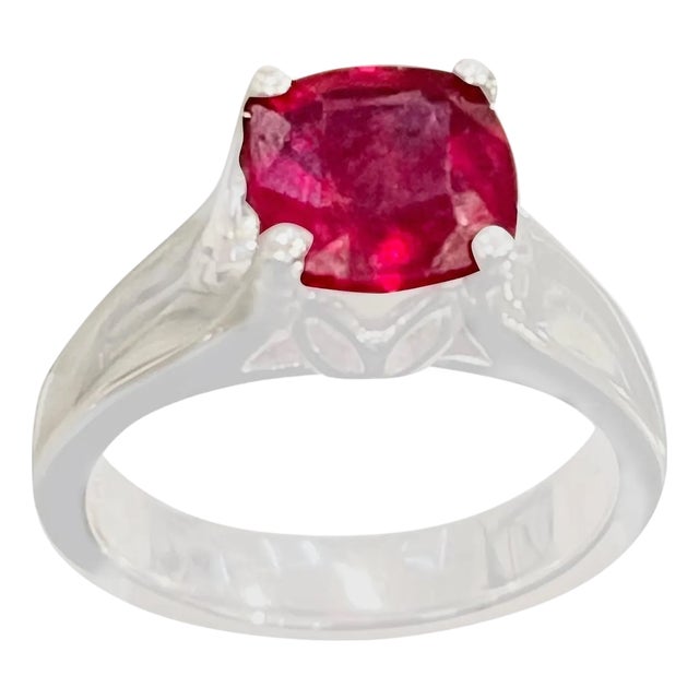 3.5 Carat Cushion Treated Ruby 14 Karat White Gold Ring For Sale