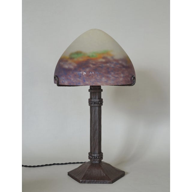 Art Deco Large 1920s French Art Deco Muller Freres Mauve Mottled Glass & Wrought Iron Table Lamp For Sale - Image 3 of 10